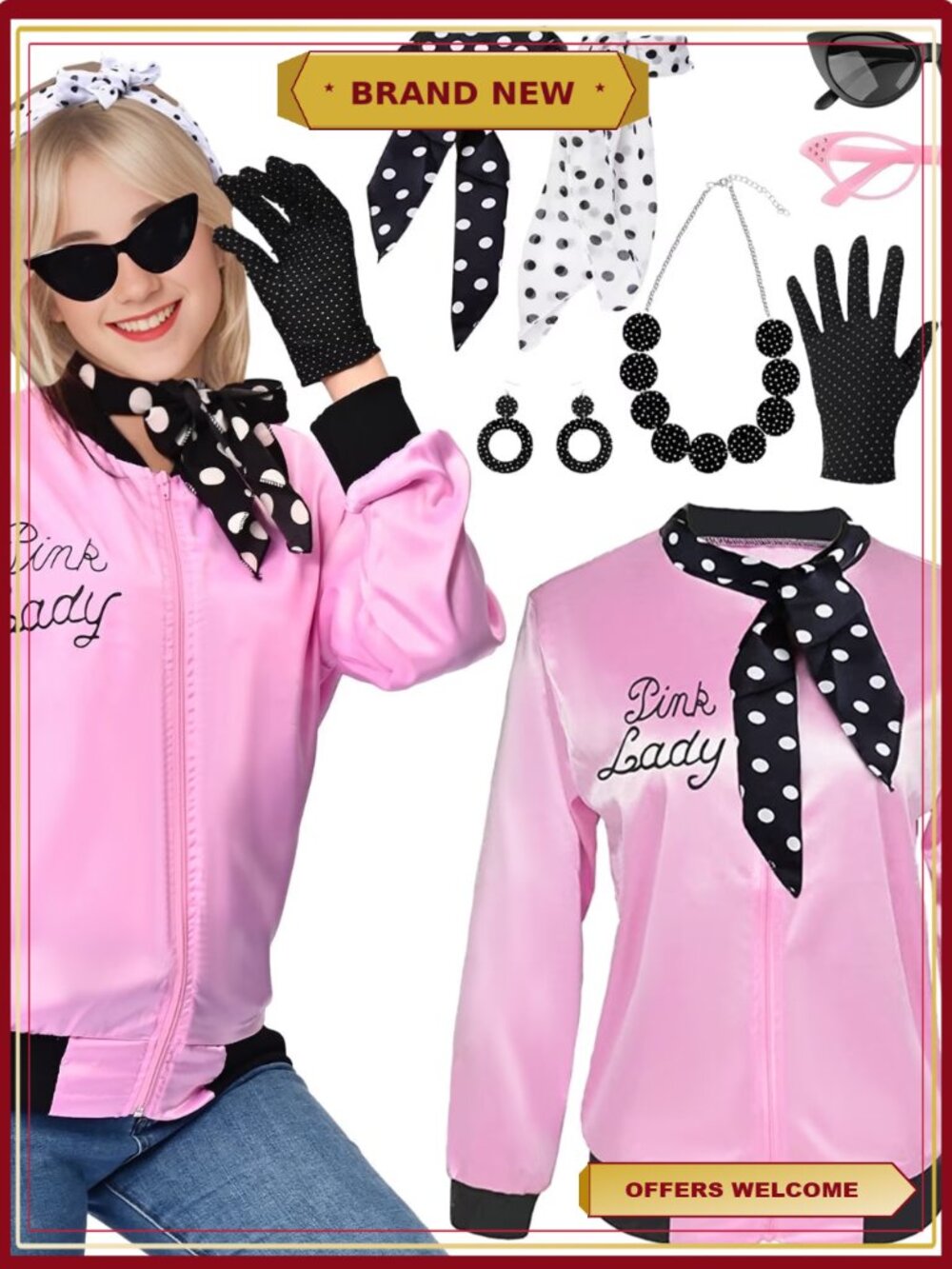 Women's 1950s Grease Pink Ladies Costume with Accessories Polyester